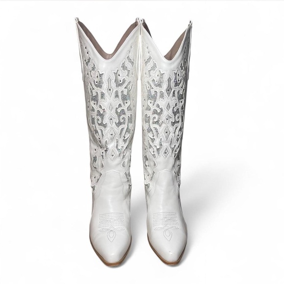 White Western Cowgirl Boots with Sparkle Inlay – Size 9 - Picture 5 of 7